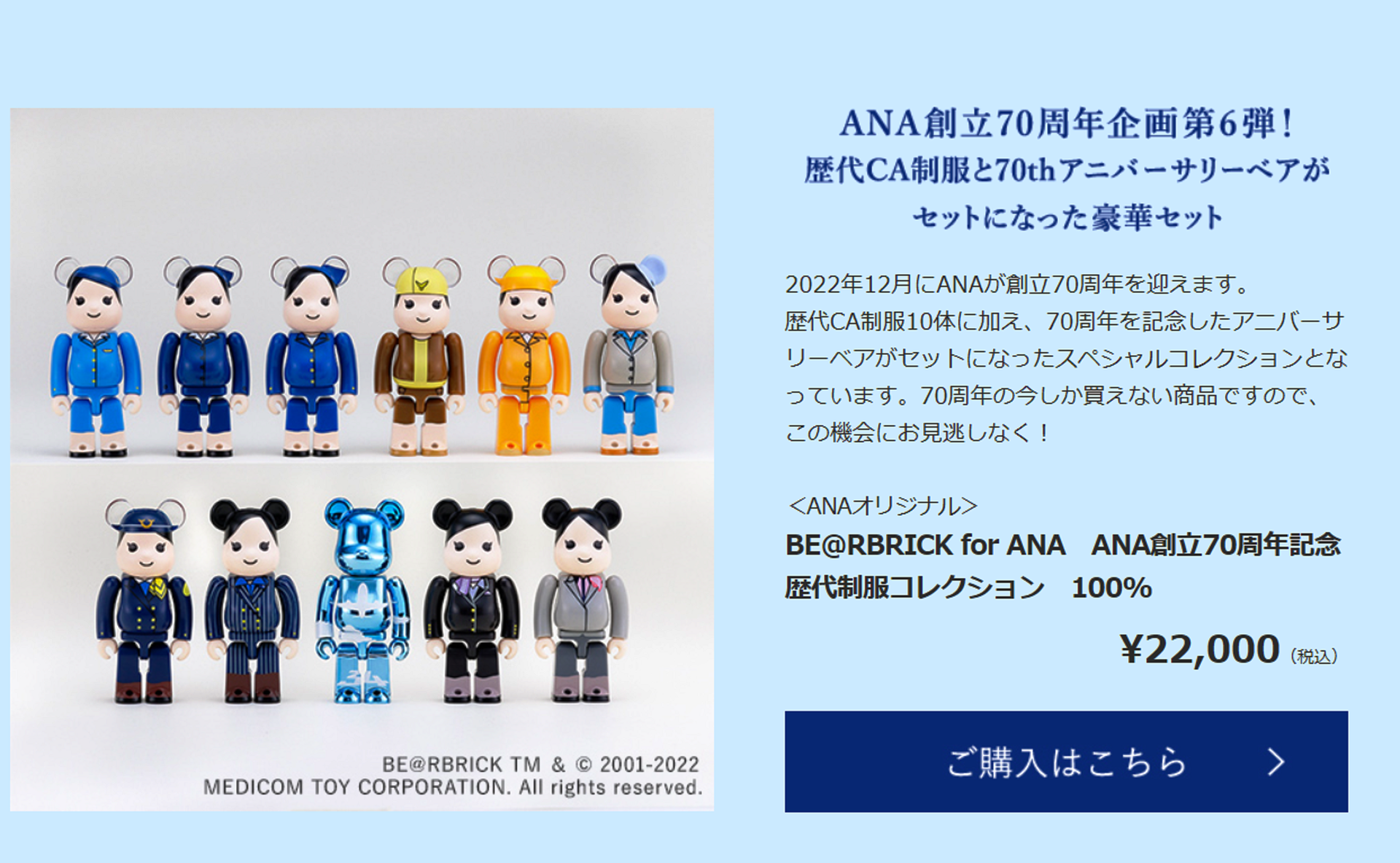 BE@RBRICK for ANA創立70周年記念歴代制服コレクション 100%-